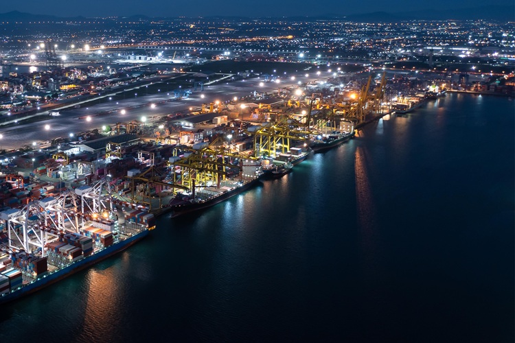 Aerial view of a shipping port
